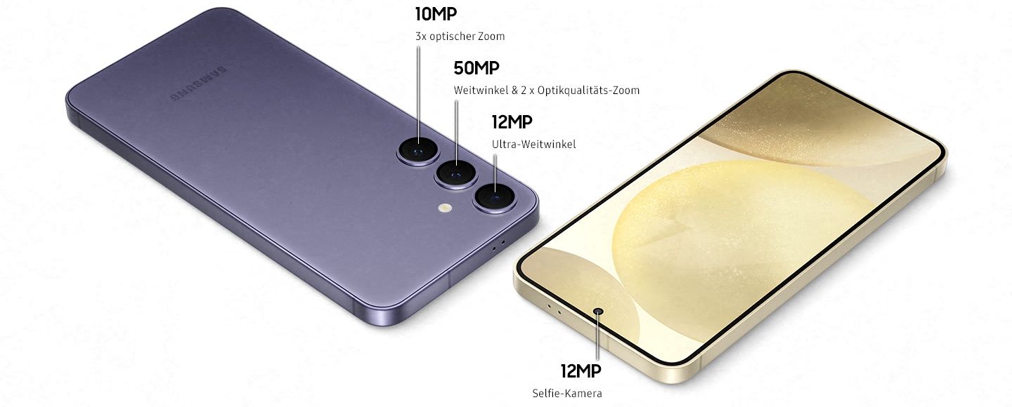 Das Diagramm veranschaulicht die Kamera-Anordnung des Galaxy S24 und des Galaxy S24+. Rckseitige Kameras: 10 MP 3 x optischer Zoom. 50 MP Weitwinkel und 2 x Crop Zoom. 12 MP Ultraweitwinkel. Frontkamera: 12 MP Selfie-Kamera.